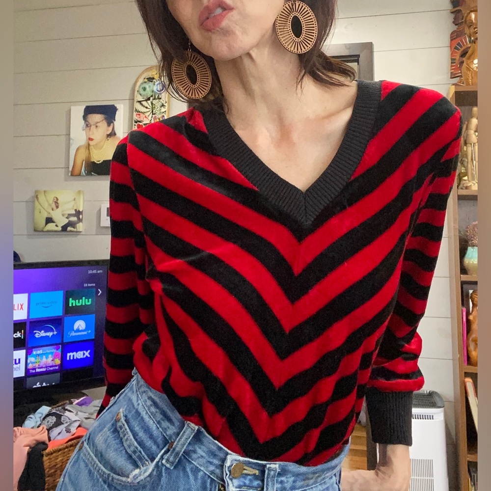 Red and black velour v-neck sweater